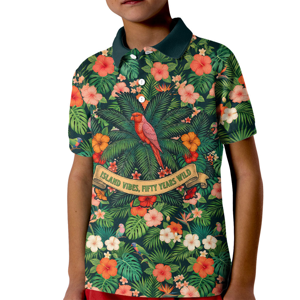 Hawaii 50th Birthday Kid Polo Shirt Tropical Vintage Floral Hibiscus Parrot Island Sunset Art TS04 Kid Green Pink - Polynesian Pride
