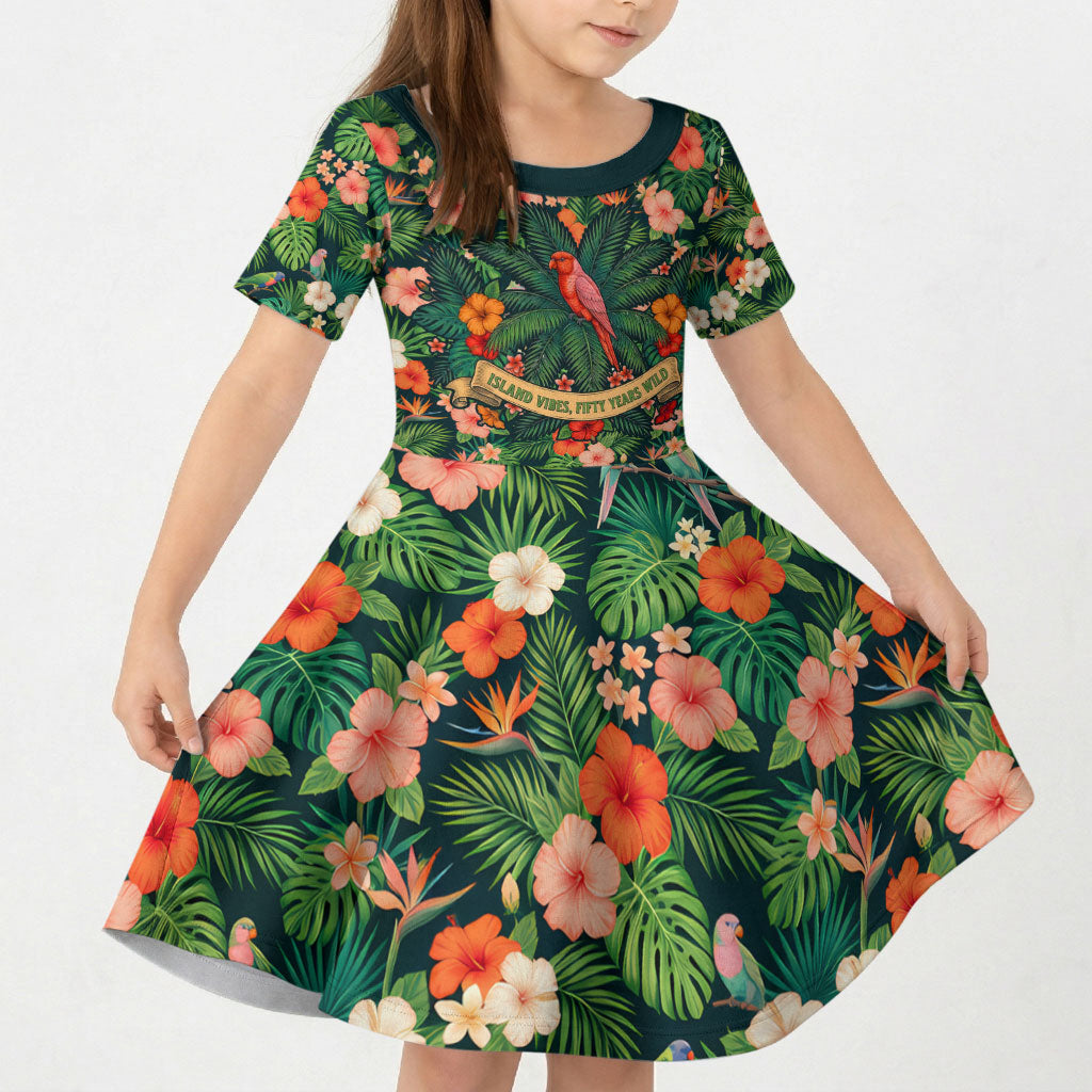 Hawaii 50th Birthday Kid Short Sleeve Dress Tropical Vintage Floral Hibiscus Parrot Island Sunset Art TS04 KID Green Pink - Polynesian Pride
