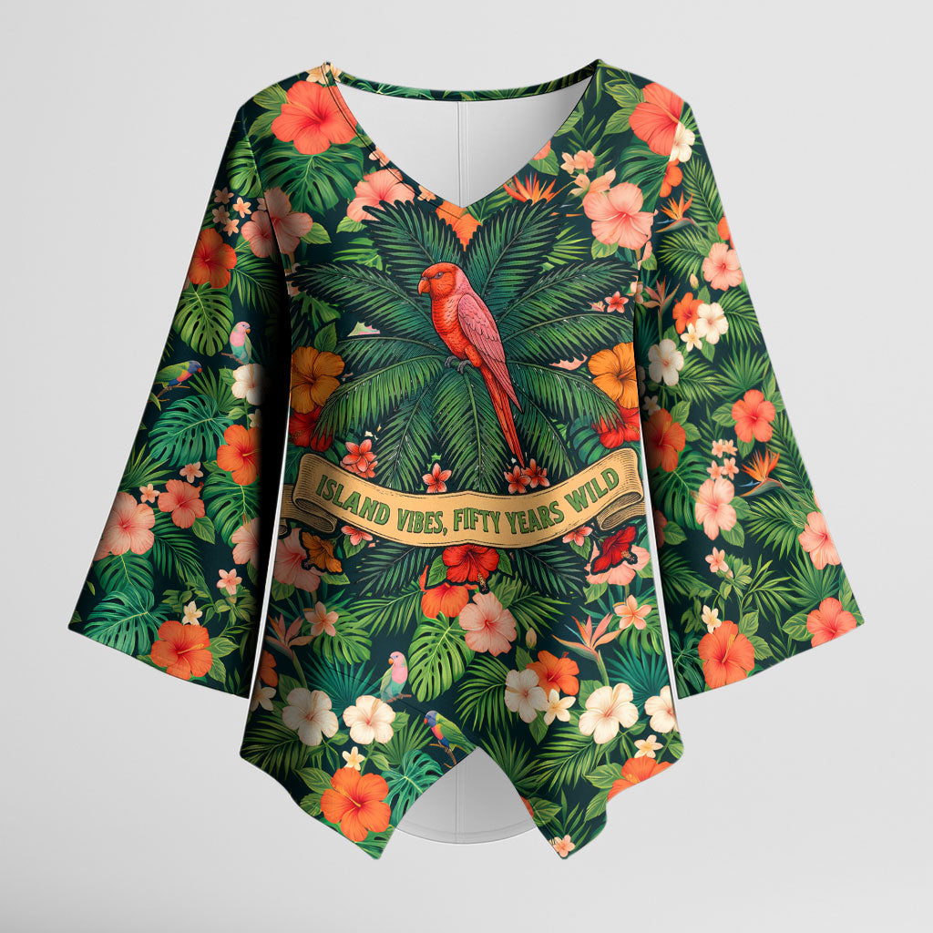 Hawaii 50th Birthday Kimono Sleeve Blouse Tropical Vintage Floral Hibiscus Parrot Island Sunset Art TS04 Female Green Pink - Polynesian Pride