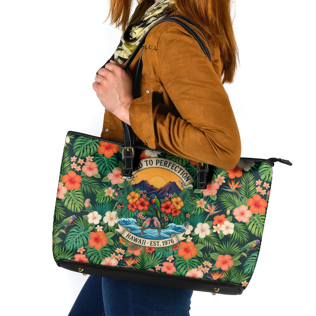 Hawaii 50th Birthday Leather Tote Bag Tropical Vintage Floral Hibiscus Parrot Island Sunset Art TS04 Green Pink - Polynesian Pride