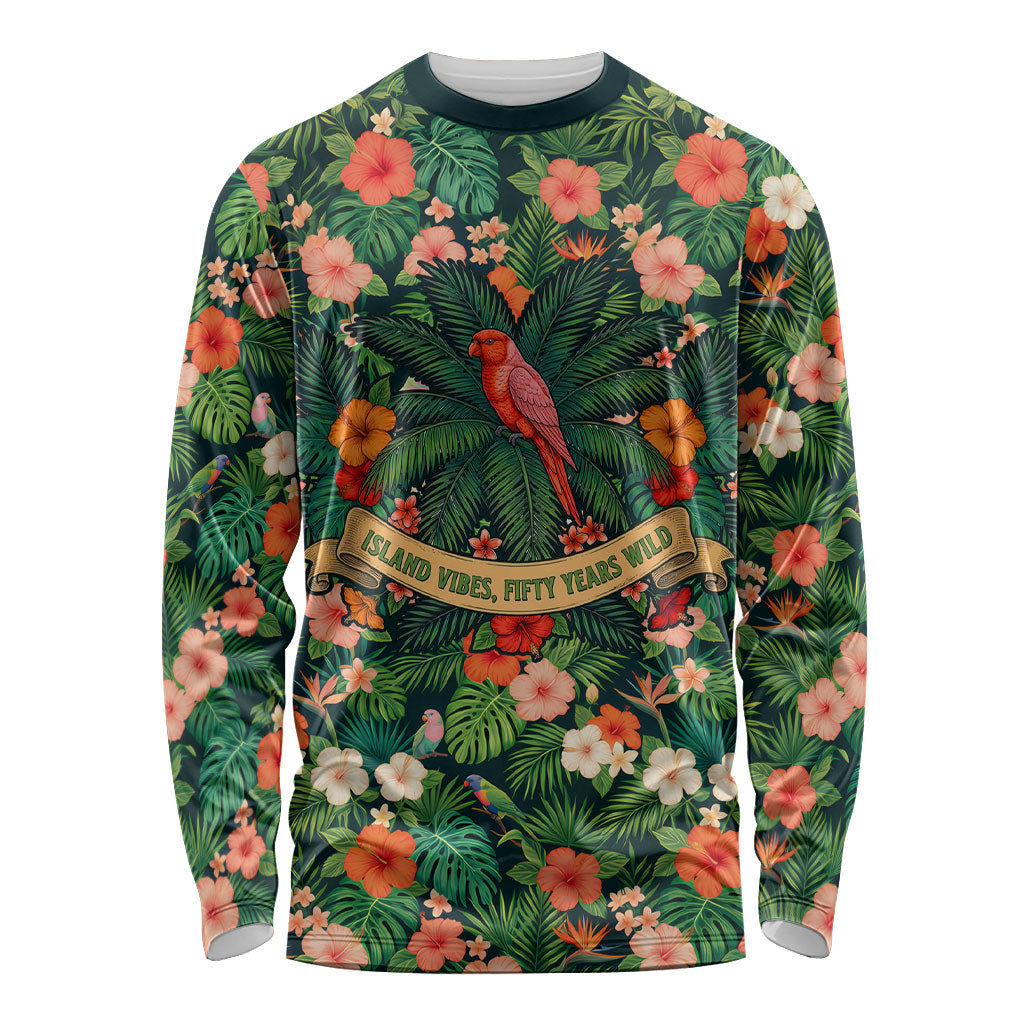 Hawaii 50th Birthday Long Sleeve Shirt Tropical Vintage Floral Hibiscus Parrot Island Sunset Art TS04 Unisex Green Pink - Polynesian Pride