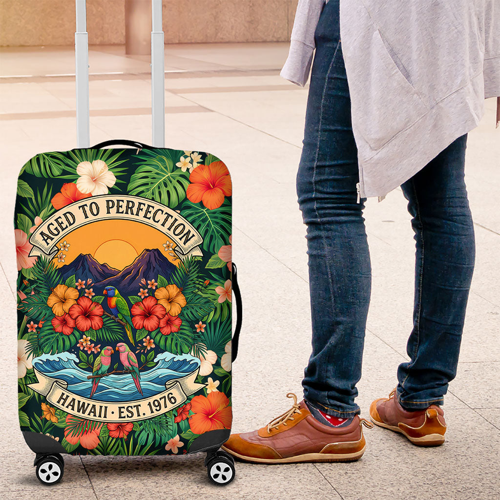 Hawaii 50th Birthday Luggage Cover Tropical Vintage Floral Hibiscus Parrot Island Sunset Art TS04 Green Pink - Polynesian Pride