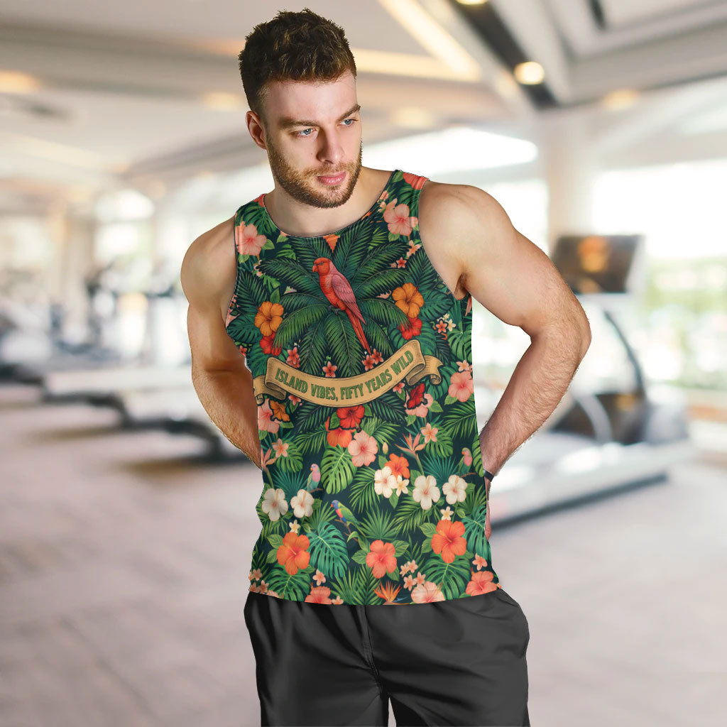 Hawaii 50th Birthday Men Tank Top Tropical Vintage Floral Hibiscus Parrot Island Sunset Art TS04 Green Pink - Polynesian Pride