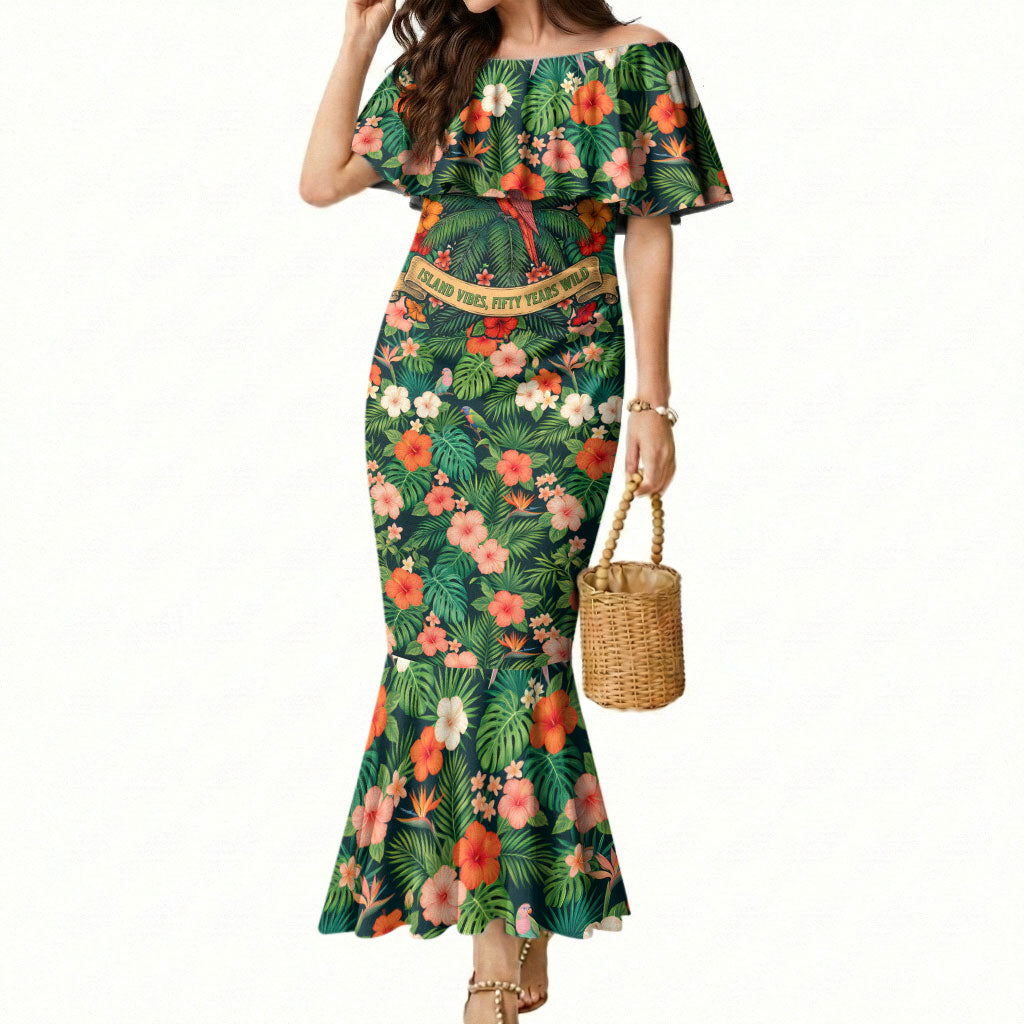 Hawaii 50th Birthday Mermaid Dress Tropical Vintage Floral Hibiscus Parrot Island Sunset Art TS04 Women Green Pink - Polynesian Pride