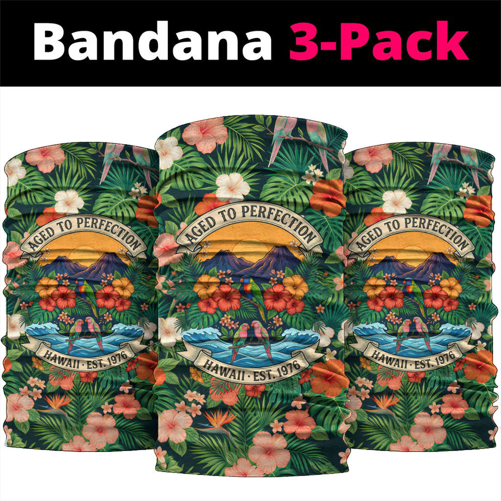 Hawaii 50th Birthday Neck Gaiter Tropical Vintage Floral Hibiscus Parrot Island Sunset Art TS04 package One Size: 25*50cm Green Pink - Polynesian Pride
