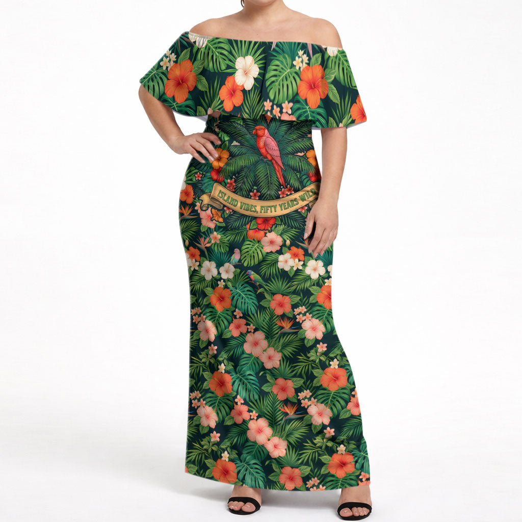 Hawaii 50th Birthday Off Shoulder Maxi Dress Tropical Vintage Floral Hibiscus Parrot Island Sunset Art TS04 Women Green Pink - Polynesian Pride
