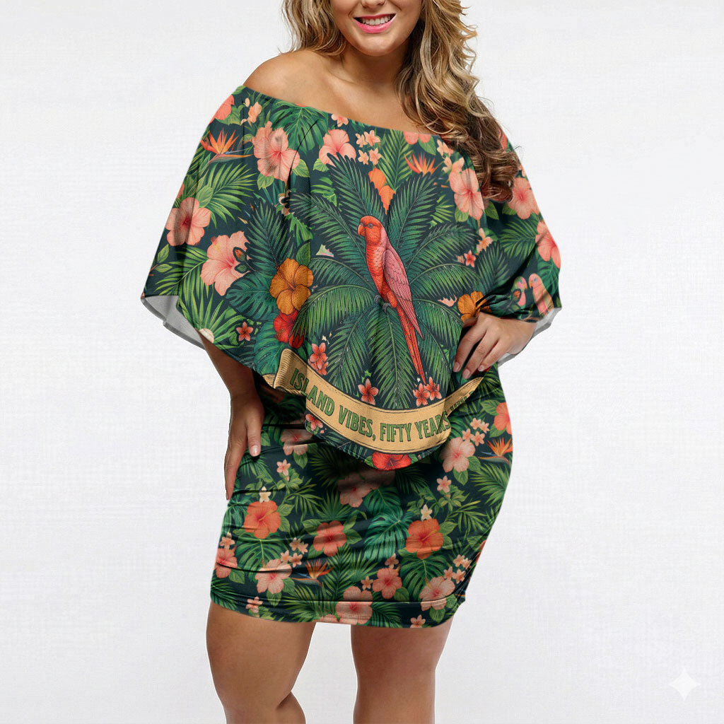 Hawaii 50th Birthday Off Shoulder Short Dress Tropical Vintage Floral Hibiscus Parrot Island Sunset Art TS04 Women Green Pink - Polynesian Pride