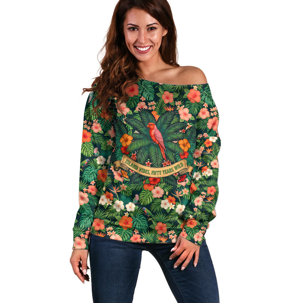 Hawaii 50th Birthday Off Shoulder Sweater Tropical Vintage Floral Hibiscus Parrot Island Sunset Art TS04 Women Green Pink - Polynesian Pride