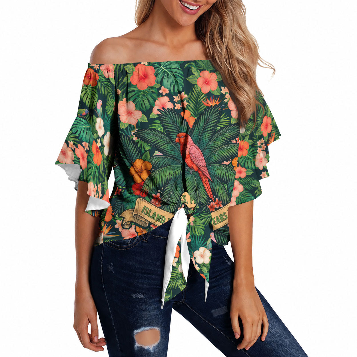 Hawaii 50th Birthday Off Shoulder Wrap Waist Top Tropical Vintage Floral Hibiscus Parrot Island Sunset Art TS04 Green Pink - Polynesian Pride