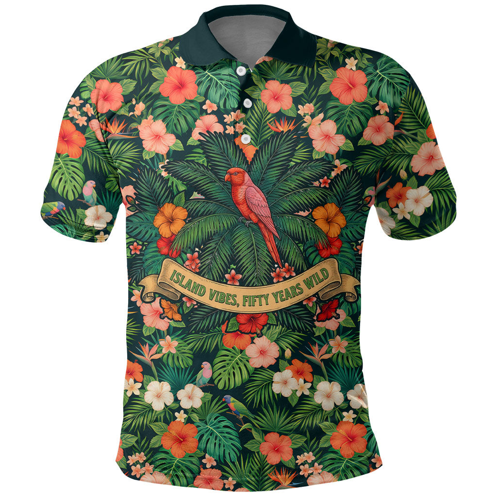 Hawaii 50th Birthday Polo Shirt Tropical Vintage Floral Hibiscus Parrot Island Sunset Art TS04 Green Pink - Polynesian Pride