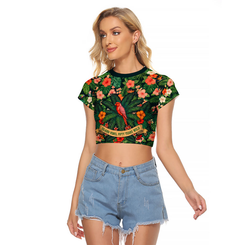 Hawaii 50th Birthday Raglan Cropped T Shirt Tropical Vintage Floral Hibiscus Parrot Island Sunset Art TS04 Female Green Pink - Polynesian Pride