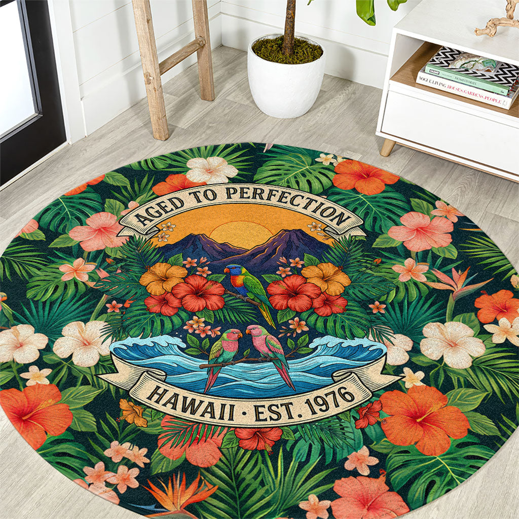 Hawaii 50th Birthday Round Carpet Tropical Vintage Floral Hibiscus Parrot Island Sunset Art TS04 Green Pink - Polynesian Pride