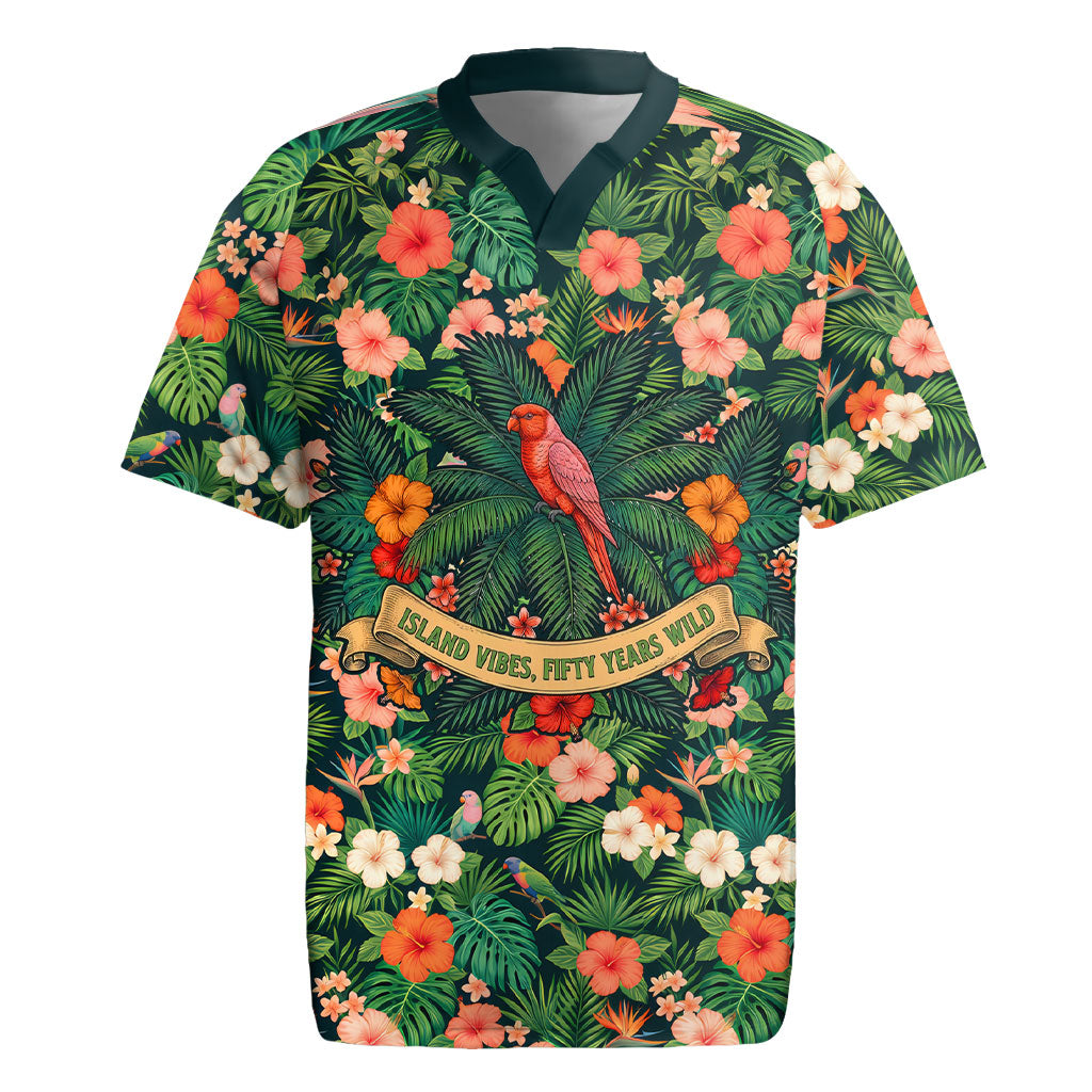 Hawaii 50th Birthday Rugby Jersey Tropical Vintage Floral Hibiscus Parrot Island Sunset Art TS04 Green Pink - Polynesian Pride
