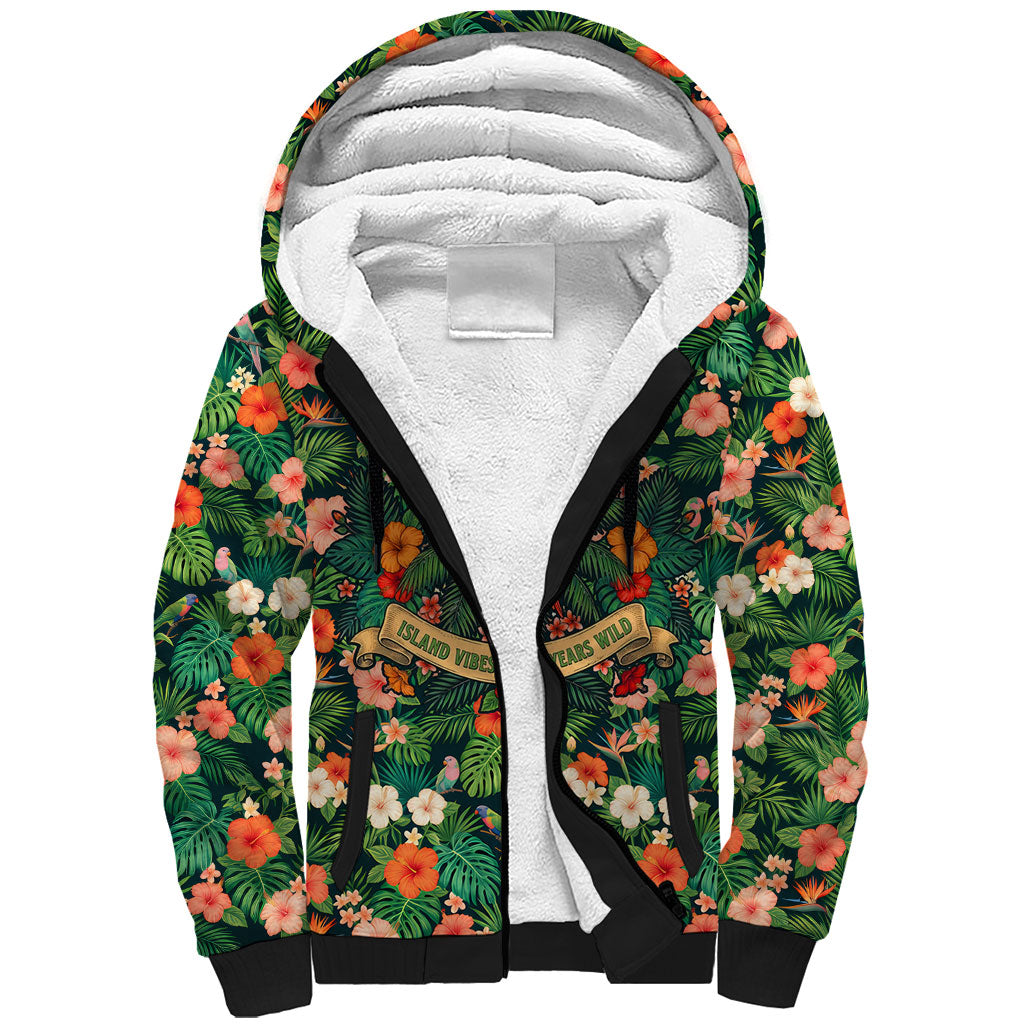 Hawaii 50th Birthday Sherpa Hoodie Tropical Vintage Floral Hibiscus Parrot Island Sunset Art TS04 Unisex Green Pink - Polynesian Pride