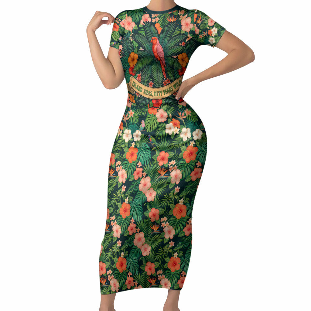 Hawaii 50th Birthday Short Sleeve Bodycon Dress Tropical Vintage Floral Hibiscus Parrot Island Sunset Art TS04 Long Dress Green Pink - Polynesian Pride