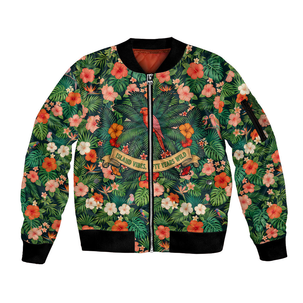 Hawaii 50th Birthday Sleeve Zip Bomber Jacket Tropical Vintage Floral Hibiscus Parrot Island Sunset Art TS04 Unisex Green Pink - Polynesian Pride