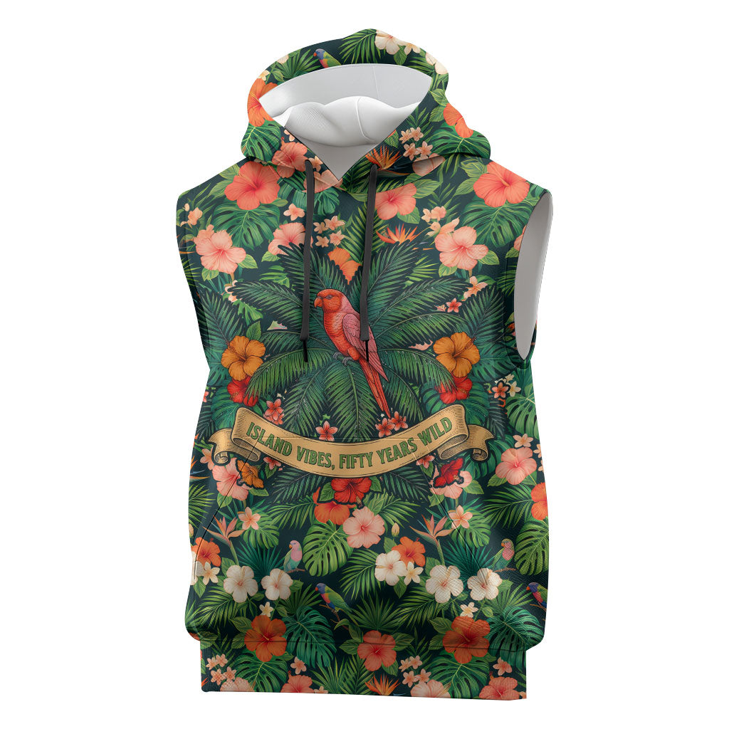 Hawaii 50th Birthday Sleeveless Hoodie Tropical Vintage Floral Hibiscus Parrot Island Sunset Art TS04 Green Pink - Polynesian Pride
