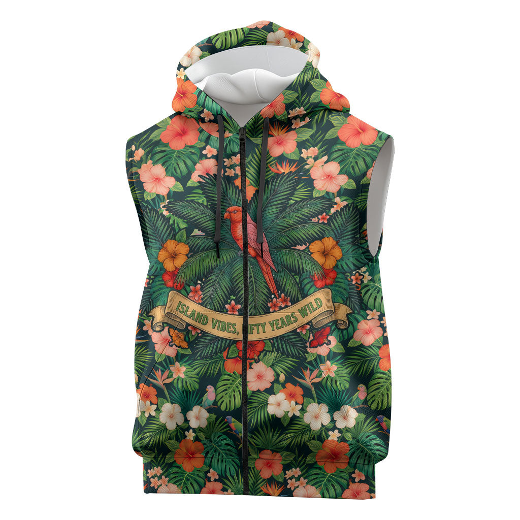 Hawaii 50th Birthday Sleeveless Zip Hoodie Tropical Vintage Floral Hibiscus Parrot Island Sunset Art TS04 Green Pink - Polynesian Pride