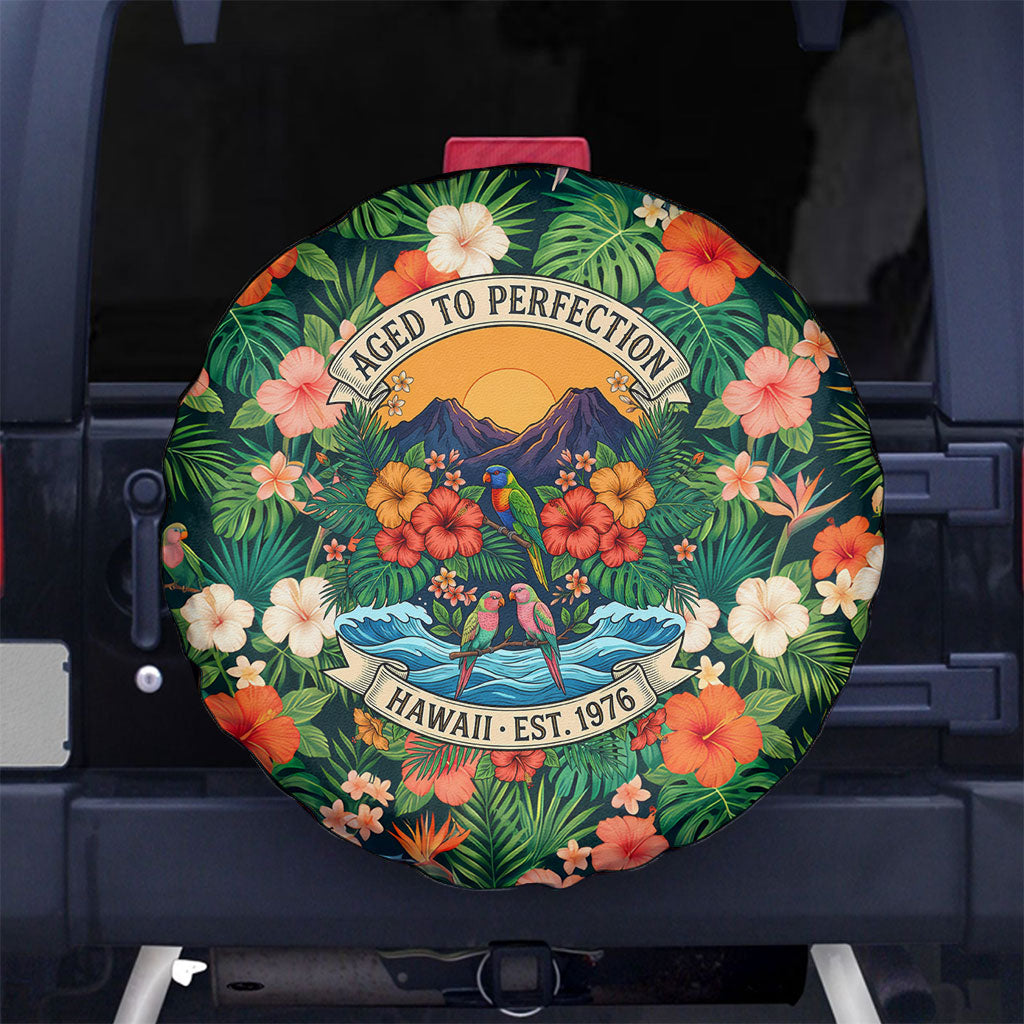 Hawaii 50th Birthday Spare Tire Cover Tropical Vintage Floral Hibiscus Parrot Island Sunset Art TS04 No hole Green Pink - Polynesian Pride