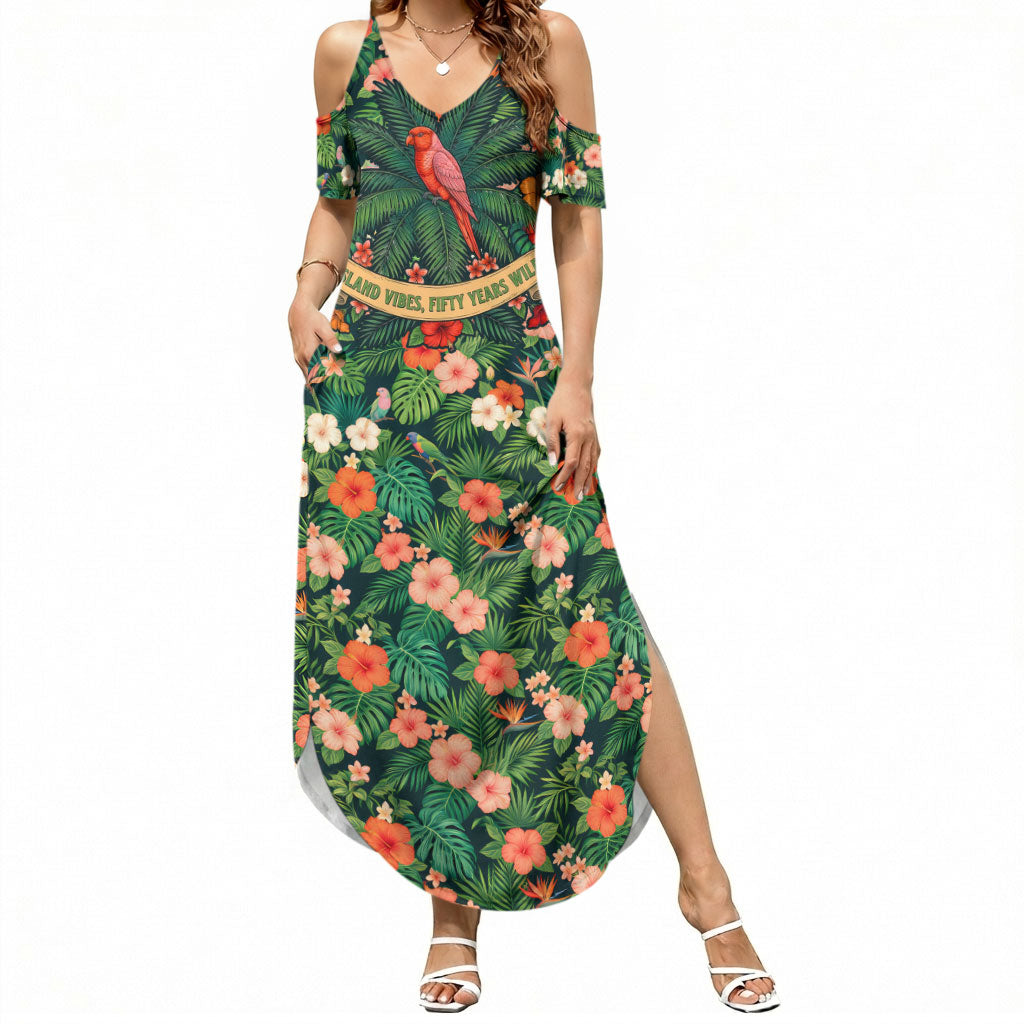 Hawaii 50th Birthday Summer Maxi Dress Tropical Vintage Floral Hibiscus Parrot Island Sunset Art TS04 Women Green Pink - Polynesian Pride