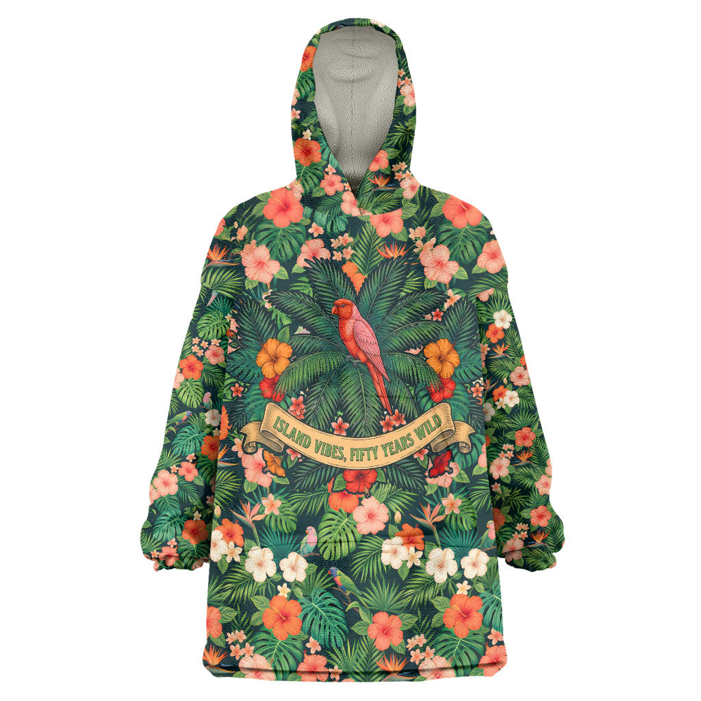 Hawaii 50th Birthday Wearable Blanket Hoodie Tropical Vintage Floral Hibiscus Parrot Island Sunset Art TS04 One Size Green Pink - Polynesian Pride
