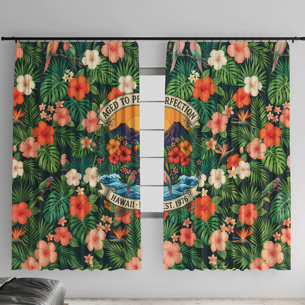 Hawaii 50th Birthday Window Curtain Tropical Vintage Floral Hibiscus Parrot Island Sunset Art TS04 With Hooks Green Pink - Polynesian Pride