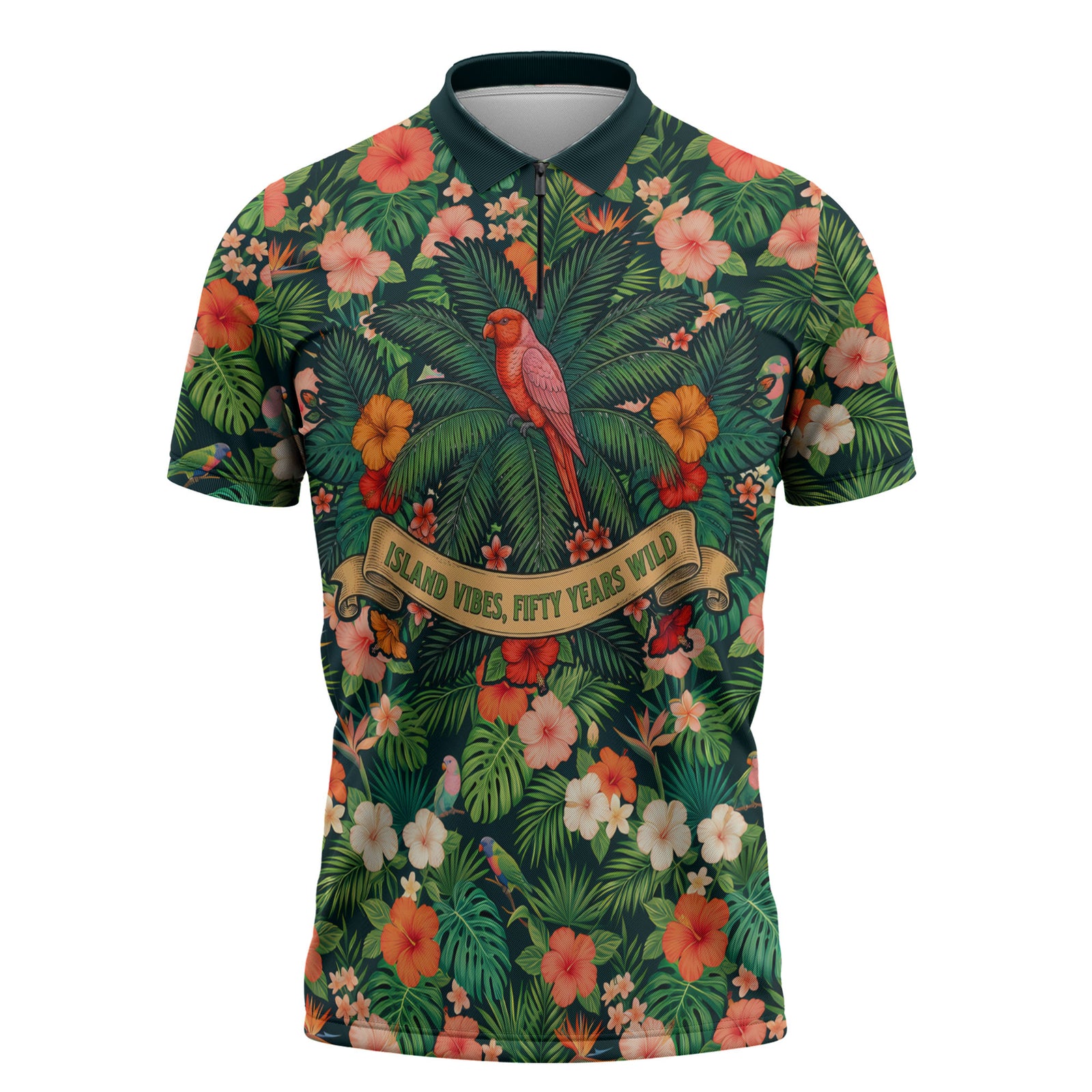 Hawaii 50th Birthday Zipper Polo Shirt Tropical Vintage Floral Hibiscus Parrot Island Sunset Art TS04 Green Pink - Polynesian Pride