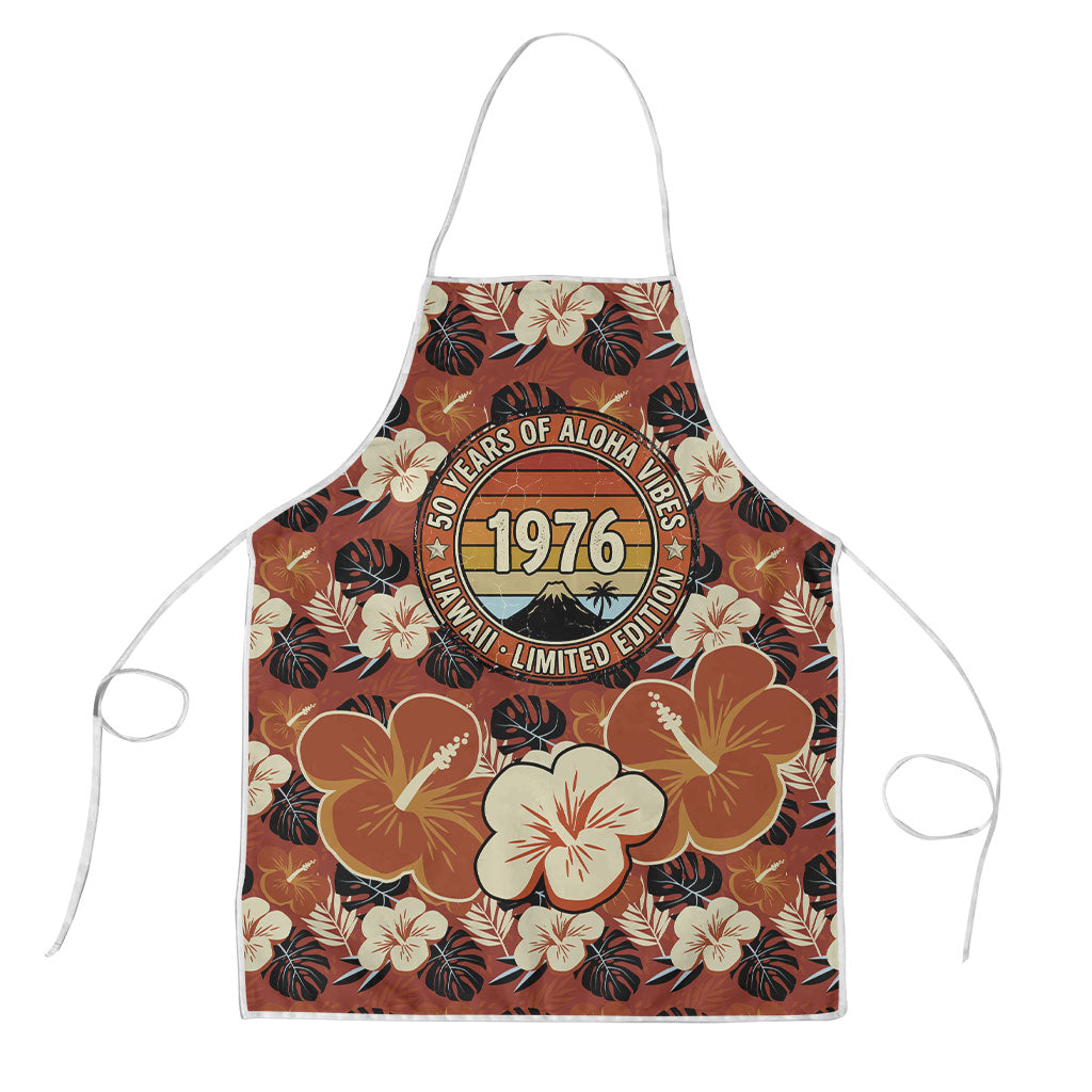 Hawaii 50th Birthday Apron Vintage 1976 Limited Edition Floral Surfboard Aloha Vibes TS04 Orange Brown - Polynesian Pride