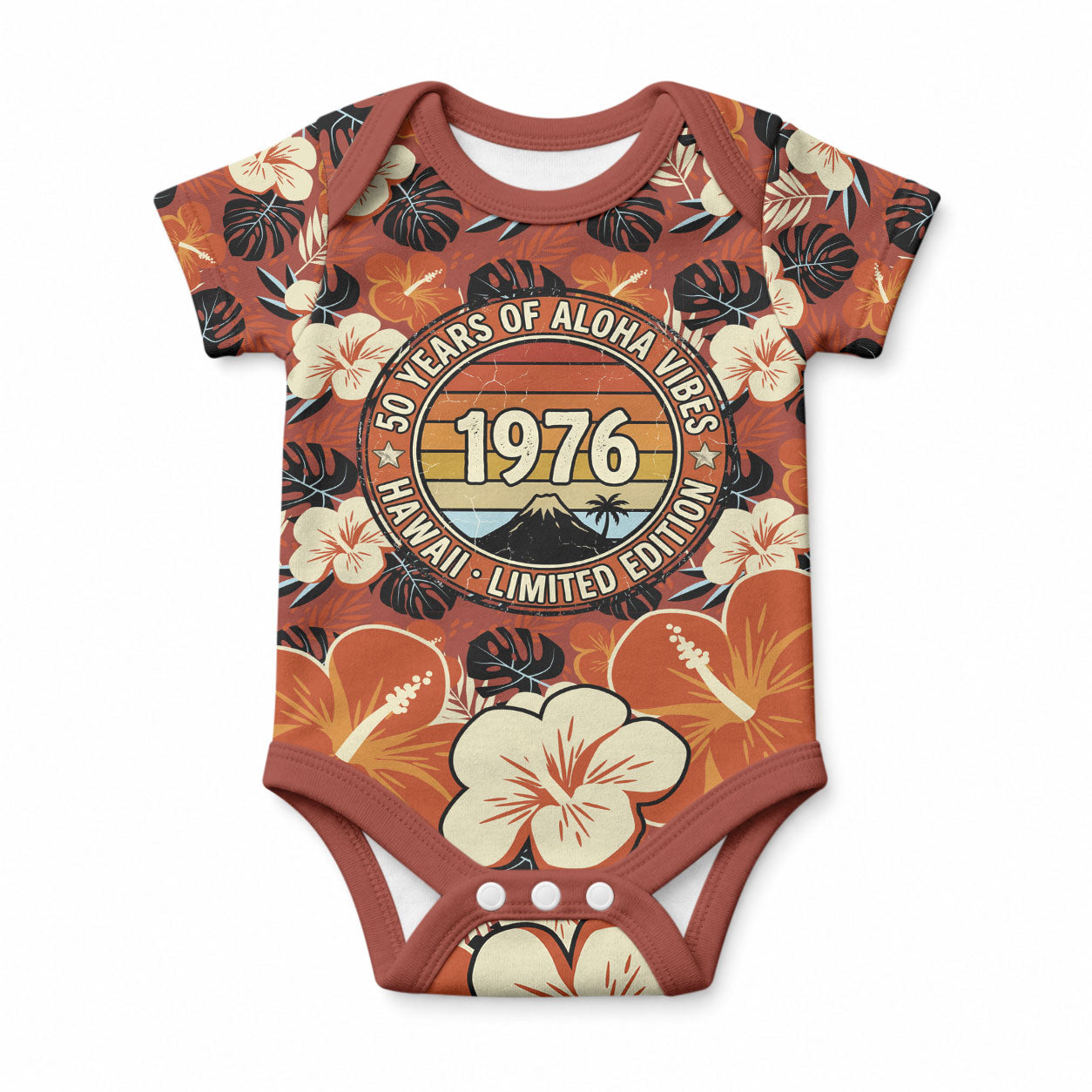 Hawaii 50th Birthday Baby Onesie Vintage 1976 Limited Edition Floral Surfboard Aloha Vibes TS04 Orange Brown - Polynesian Pride