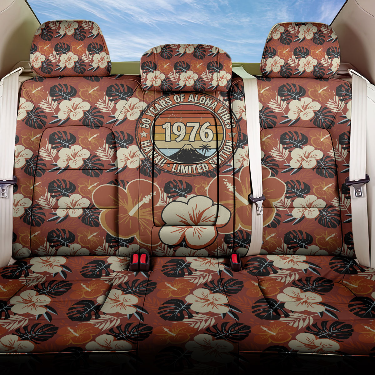Hawaii 50th Birthday Back Car Seat Cover Vintage 1976 Limited Edition Floral Surfboard Aloha Vibes TS04 One Size Orange Brown - Polynesian Pride