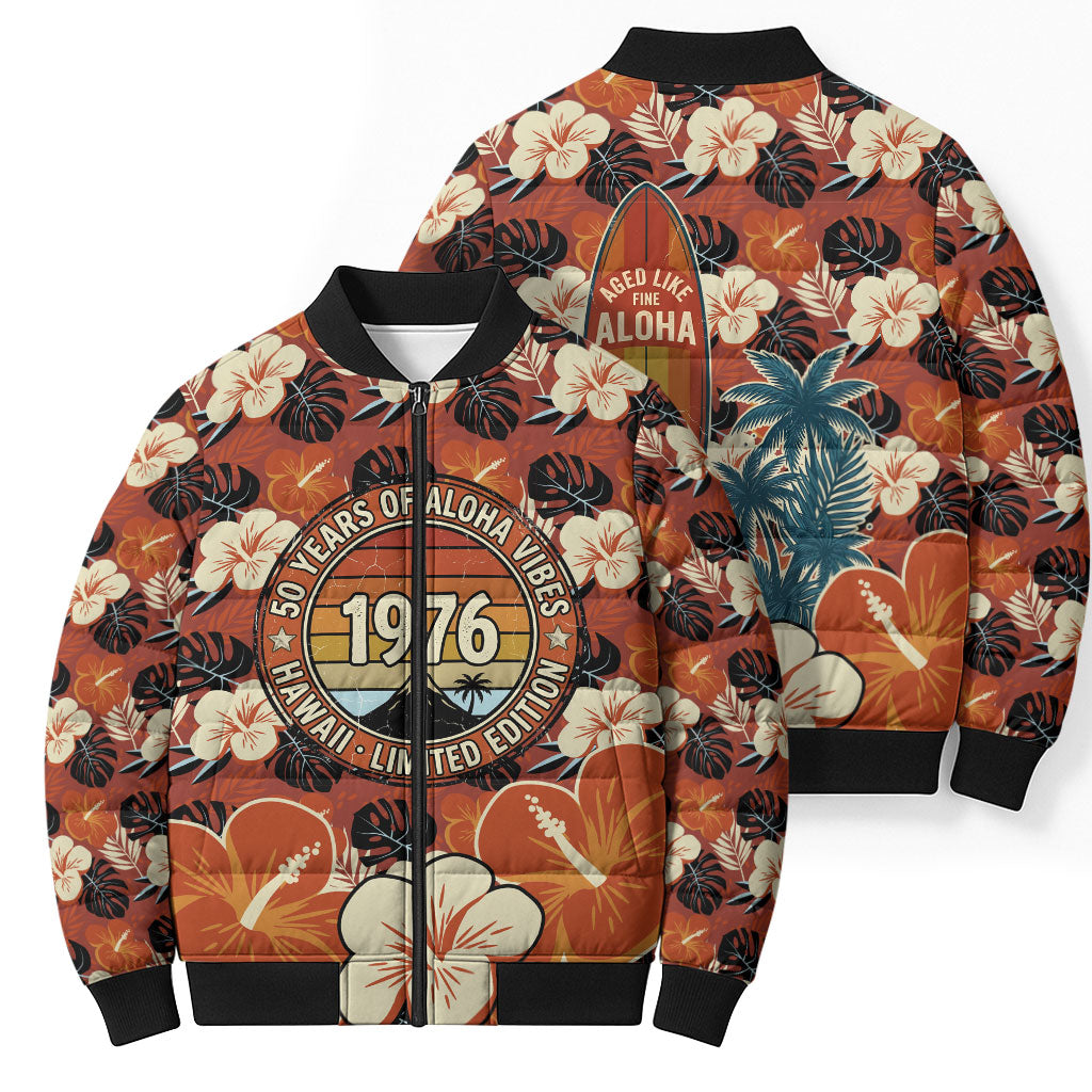 Hawaii 50th Birthday Bomber Puffer Jacket Vintage 1976 Limited Edition Floral Surfboard Aloha Vibes TS04 - Polynesian Pride