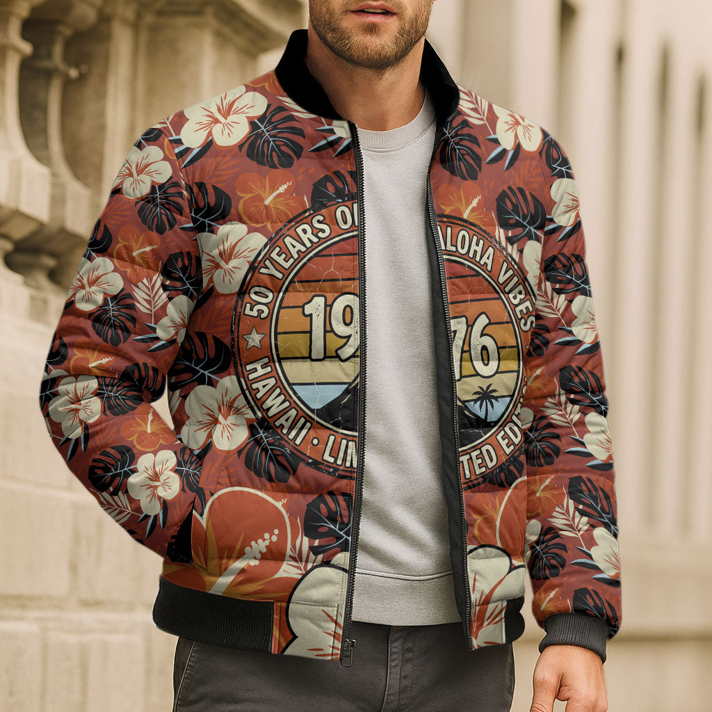 Hawaii 50th Birthday Bomber Puffer Jacket Vintage 1976 Limited Edition Floral Surfboard Aloha Vibes TS04 - Polynesian Pride