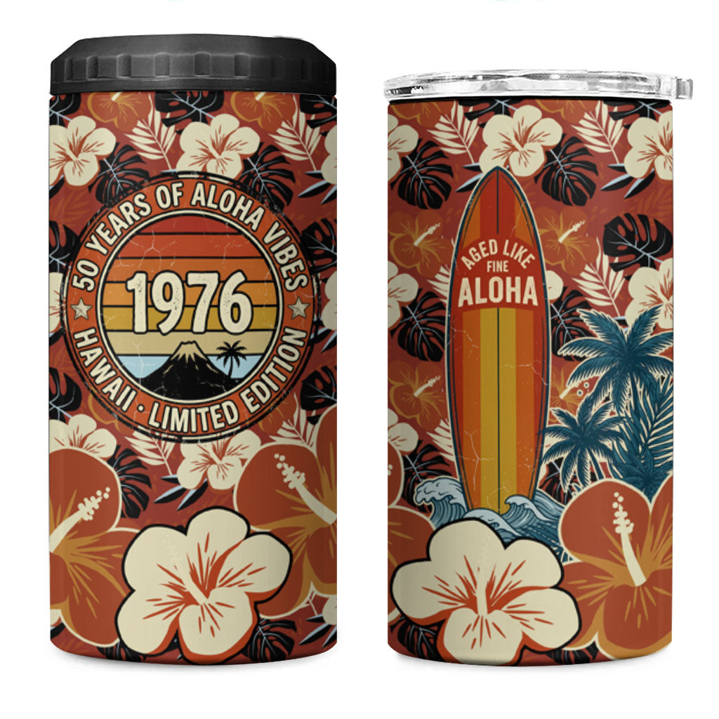 Hawaii 50th Birthday 4 in 1 Can Cooler Tumbler Vintage 1976 Limited Edition Floral Surfboard Aloha Vibes TS04 One Size: 16 oz Orange Brown - Polynesian Pride