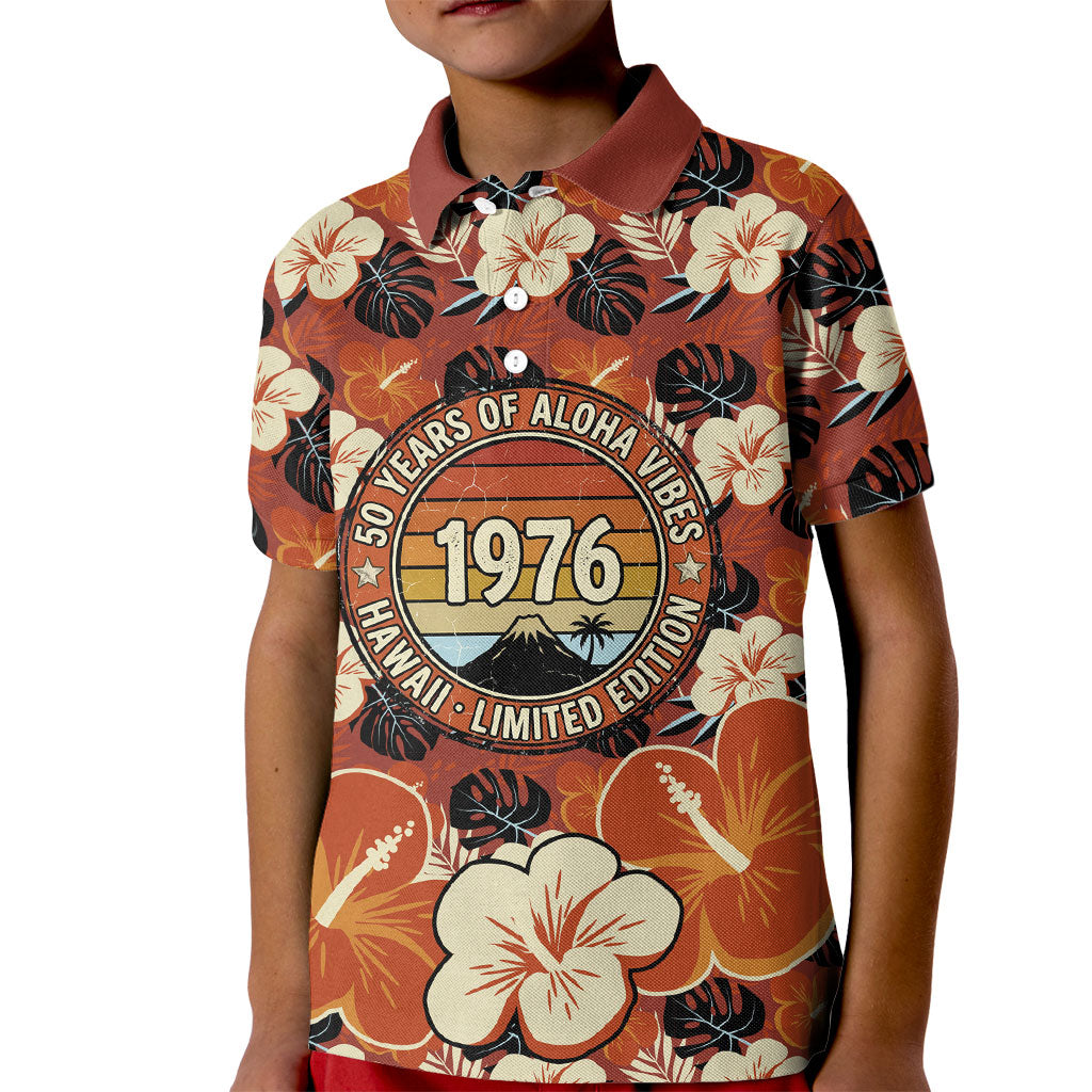 Hawaii 50th Birthday Kid Polo Shirt Vintage 1976 Limited Edition Floral Surfboard Aloha Vibes TS04 Kid Orange Brown - Polynesian Pride