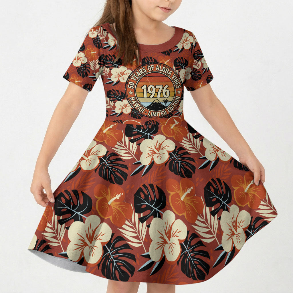 Hawaii 50th Birthday Kid Short Sleeve Dress Vintage 1976 Limited Edition Floral Surfboard Aloha Vibes TS04 KID Orange Brown - Polynesian Pride