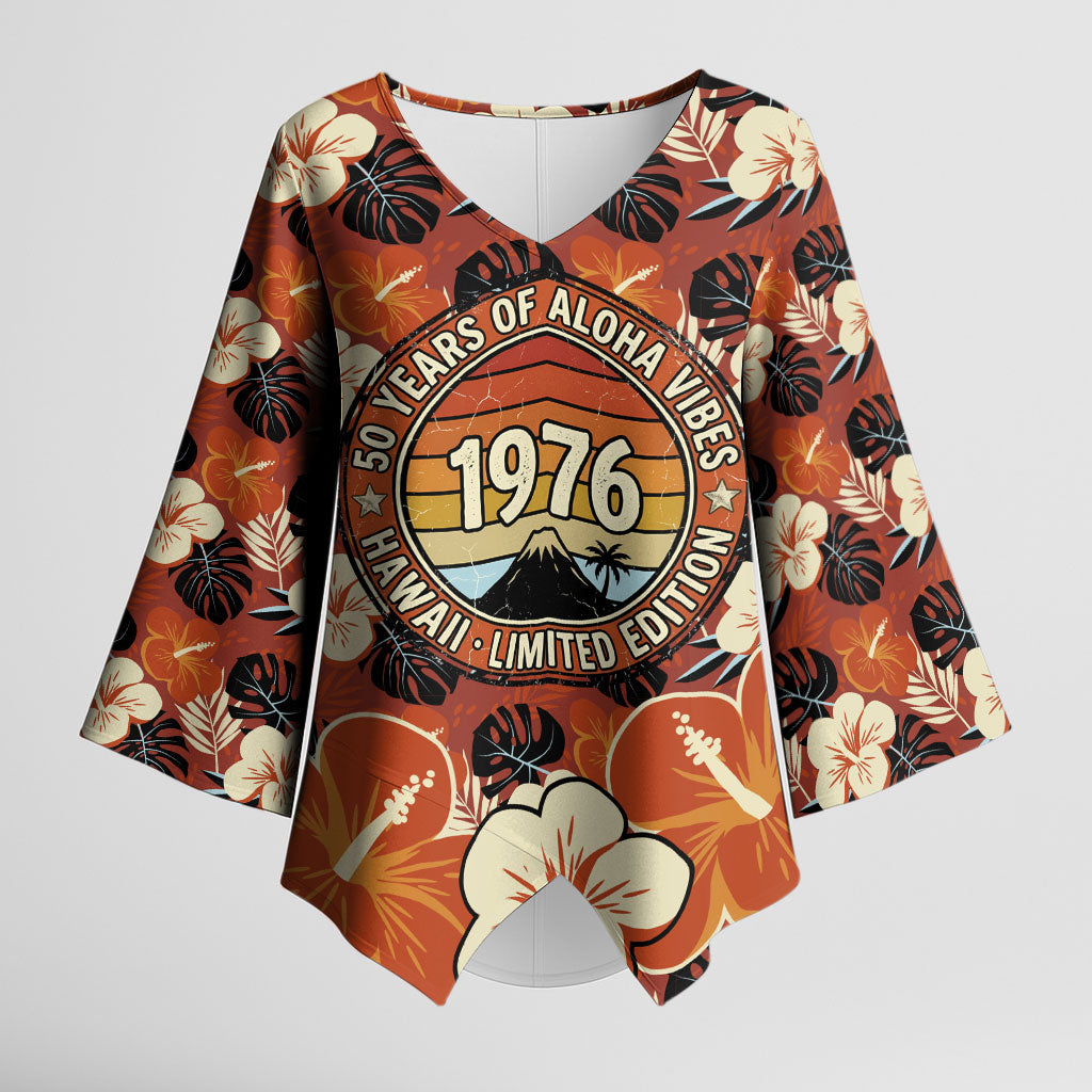 Hawaii 50th Birthday Kimono Sleeve Blouse Vintage 1976 Limited Edition Floral Surfboard Aloha Vibes TS04 Female Orange Brown - Polynesian Pride