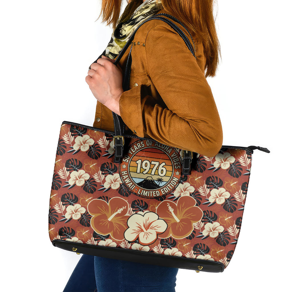 Hawaii 50th Birthday Leather Tote Bag Vintage 1976 Limited Edition Floral Surfboard Aloha Vibes TS04 Orange Brown - Polynesian Pride