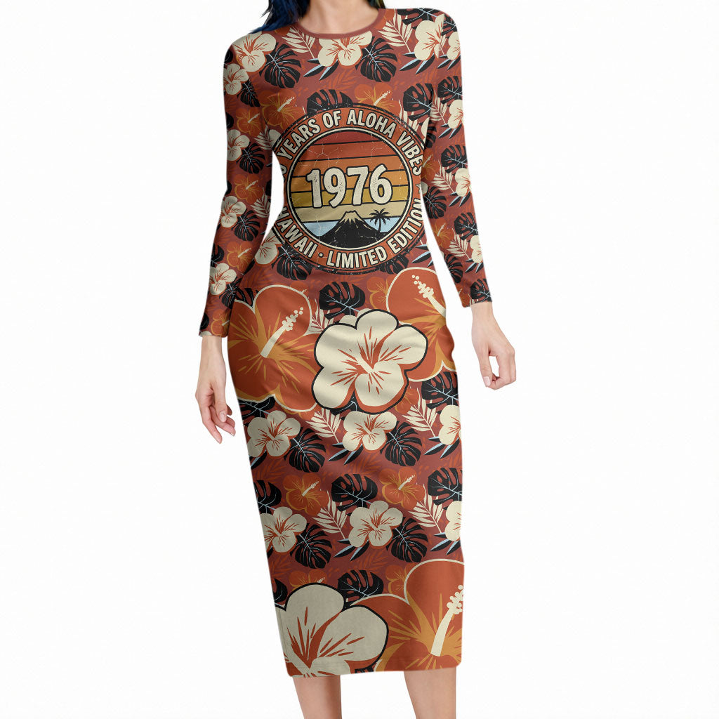 Hawaii 50th Birthday Long Sleeve Bodycon Dress Vintage 1976 Limited Edition Floral Surfboard Aloha Vibes TS04 Long Dress Orange Brown - Polynesian Pride