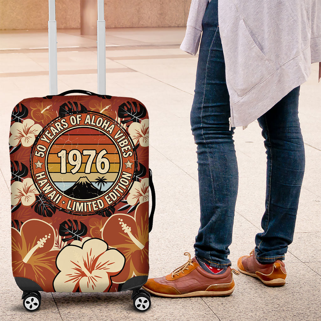 Hawaii 50th Birthday Luggage Cover Vintage 1976 Limited Edition Floral Surfboard Aloha Vibes TS04 Orange Brown - Polynesian Pride