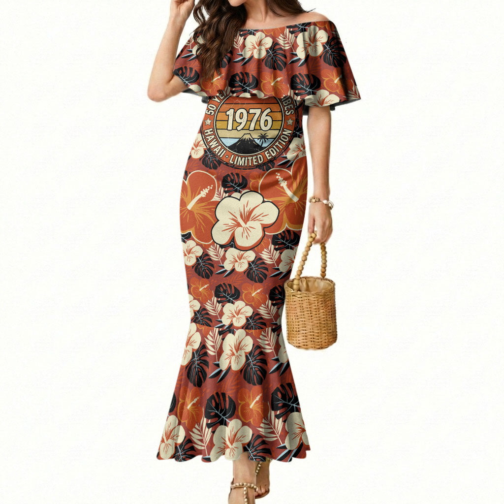 Hawaii 50th Birthday Mermaid Dress Vintage 1976 Limited Edition Floral Surfboard Aloha Vibes TS04 Women Orange Brown - Polynesian Pride