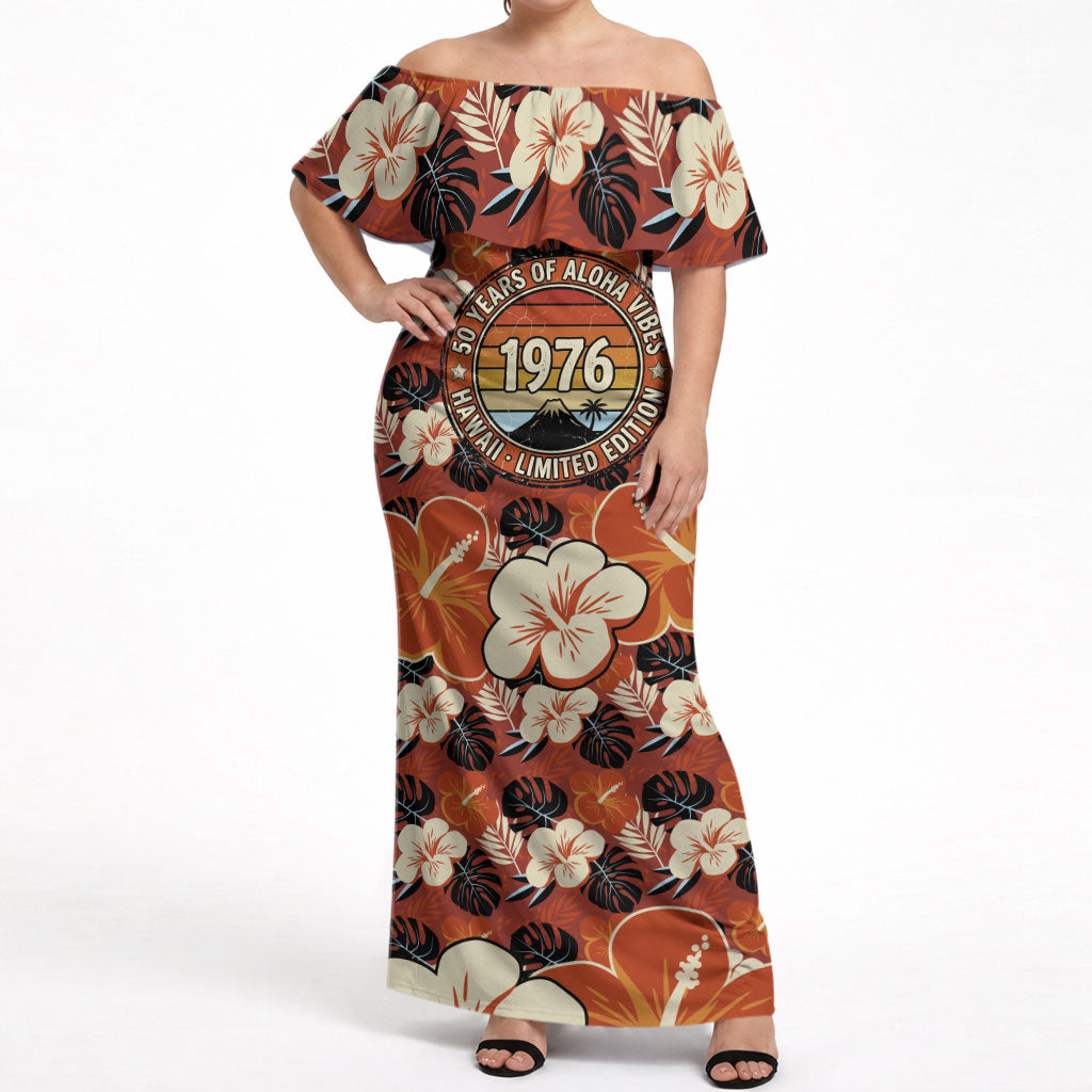 Hawaii 50th Birthday Off Shoulder Maxi Dress Vintage 1976 Limited Edition Floral Surfboard Aloha Vibes TS04 Women Orange Brown - Polynesian Pride
