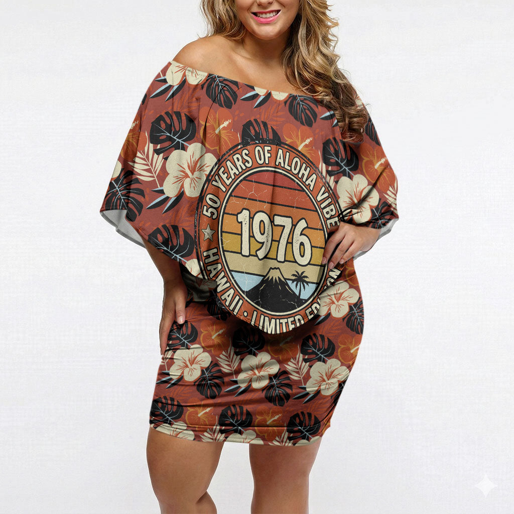 Hawaii 50th Birthday Off Shoulder Short Dress Vintage 1976 Limited Edition Floral Surfboard Aloha Vibes TS04 Women Orange Brown - Polynesian Pride