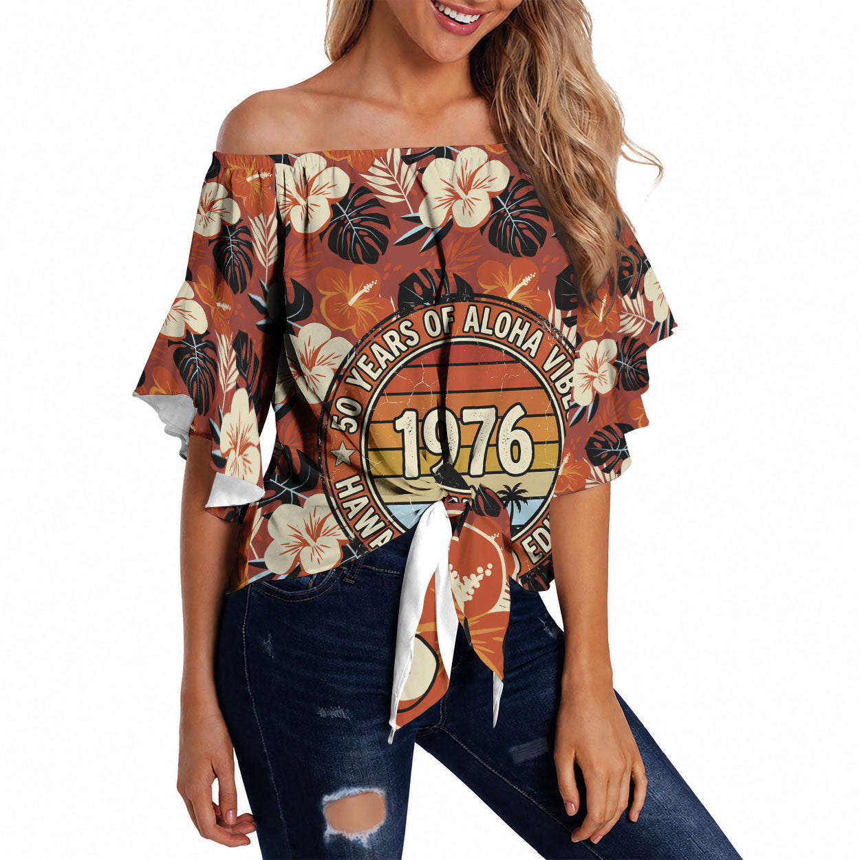 Hawaii 50th Birthday Off Shoulder Wrap Waist Top Vintage 1976 Limited Edition Floral Surfboard Aloha Vibes TS04 Orange Brown - Polynesian Pride