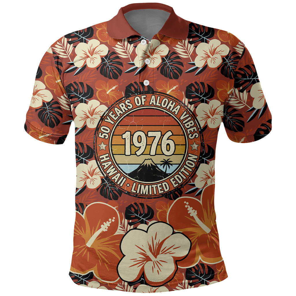 Hawaii 50th Birthday Polo Shirt Vintage 1976 Limited Edition Floral Surfboard Aloha Vibes TS04 Orange Brown - Polynesian Pride