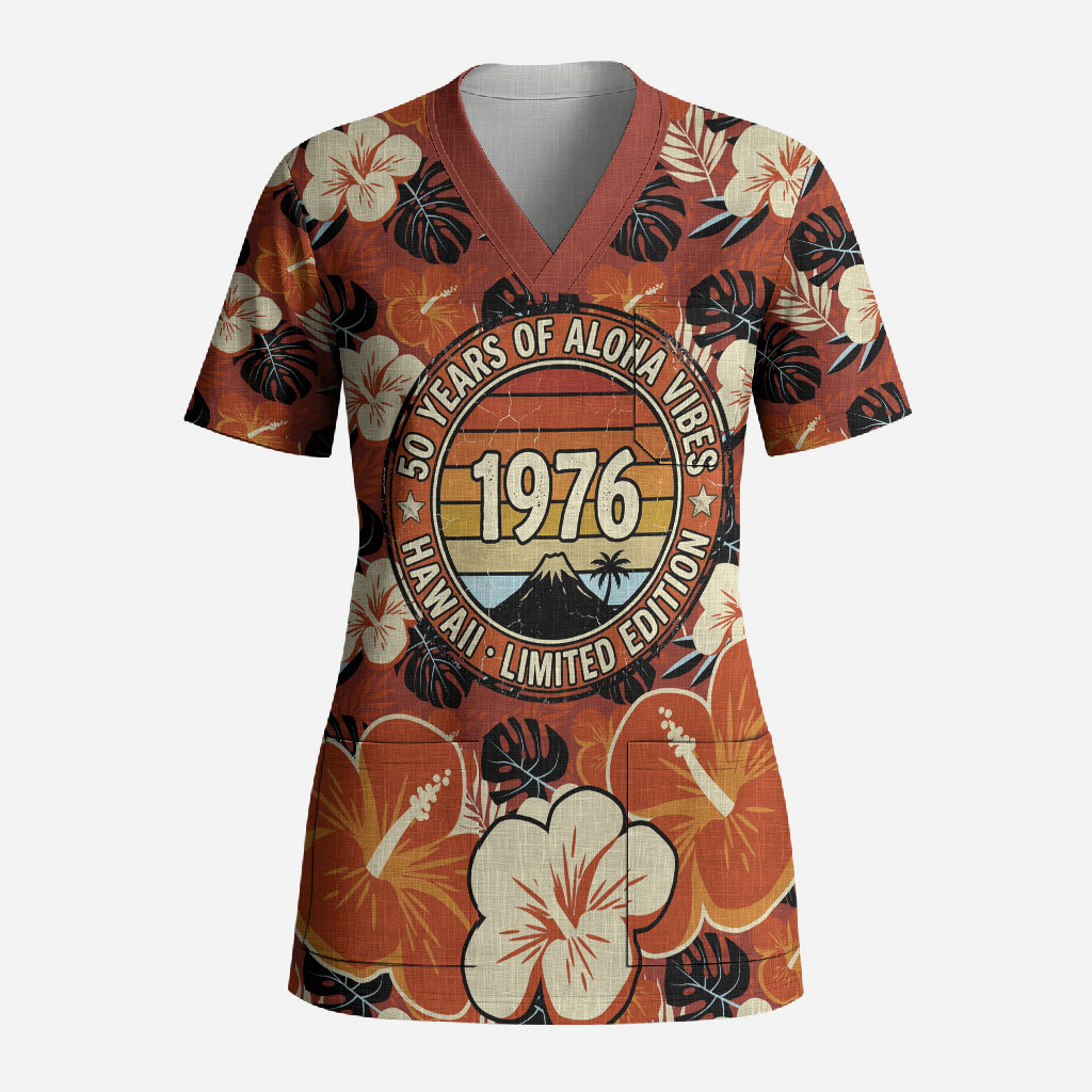 Hawaii 50th Birthday Scrub Top Vintage 1976 Limited Edition Floral Surfboard Aloha Vibes TS04 Adult Orange Brown - Polynesian Pride