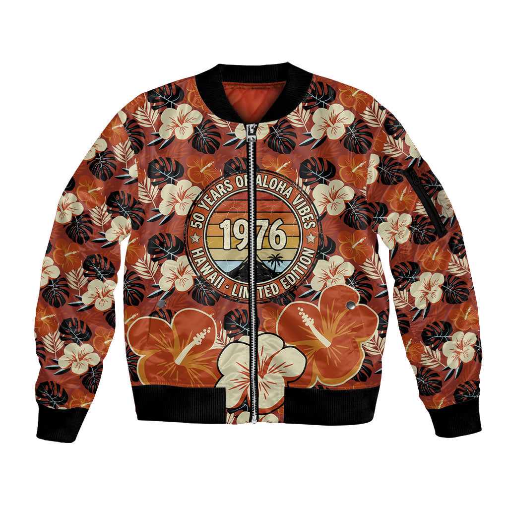 Hawaii 50th Birthday Sleeve Zip Bomber Jacket Vintage 1976 Limited Edition Floral Surfboard Aloha Vibes TS04 Unisex Orange Brown - Polynesian Pride