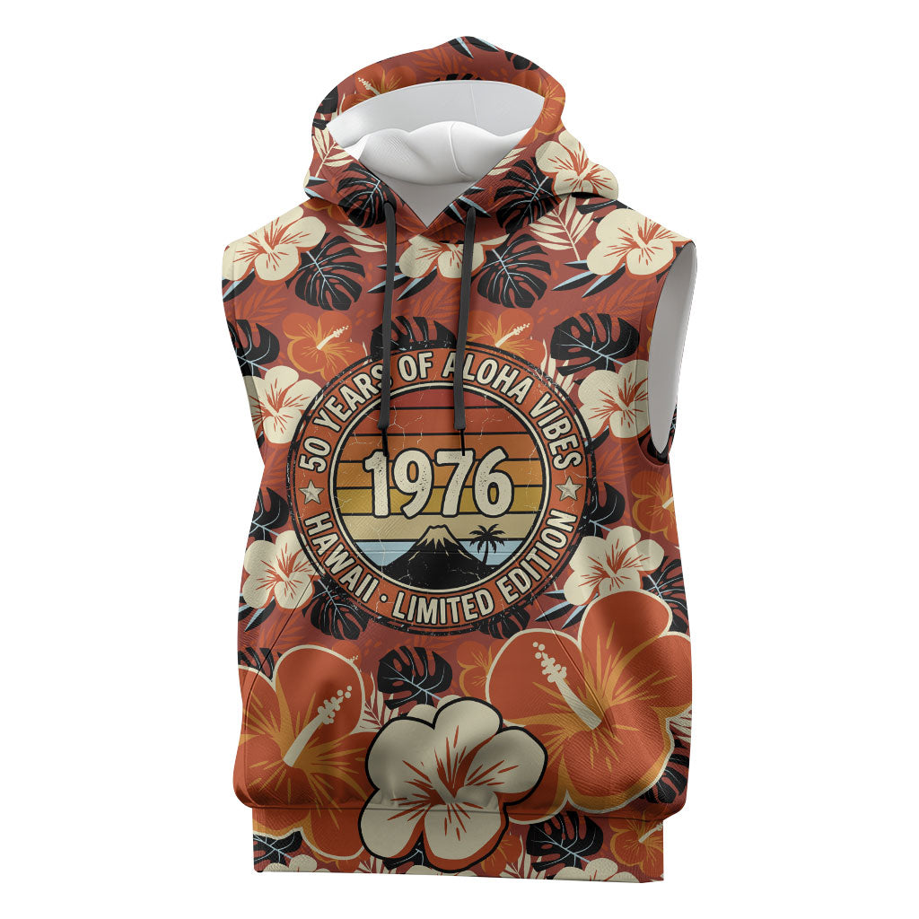 Hawaii 50th Birthday Sleeveless Hoodie Vintage 1976 Limited Edition Floral Surfboard Aloha Vibes TS04 Orange Brown - Polynesian Pride