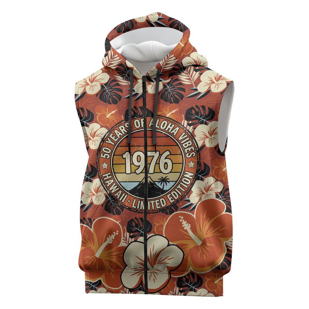 Hawaii 50th Birthday Sleeveless Zip Hoodie Vintage 1976 Limited Edition Floral Surfboard Aloha Vibes TS04 Orange Brown - Polynesian Pride
