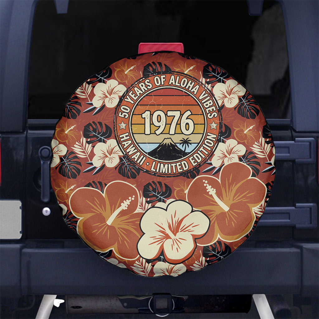 Hawaii 50th Birthday Spare Tire Cover Vintage 1976 Limited Edition Floral Surfboard Aloha Vibes TS04 No hole Orange Brown - Polynesian Pride