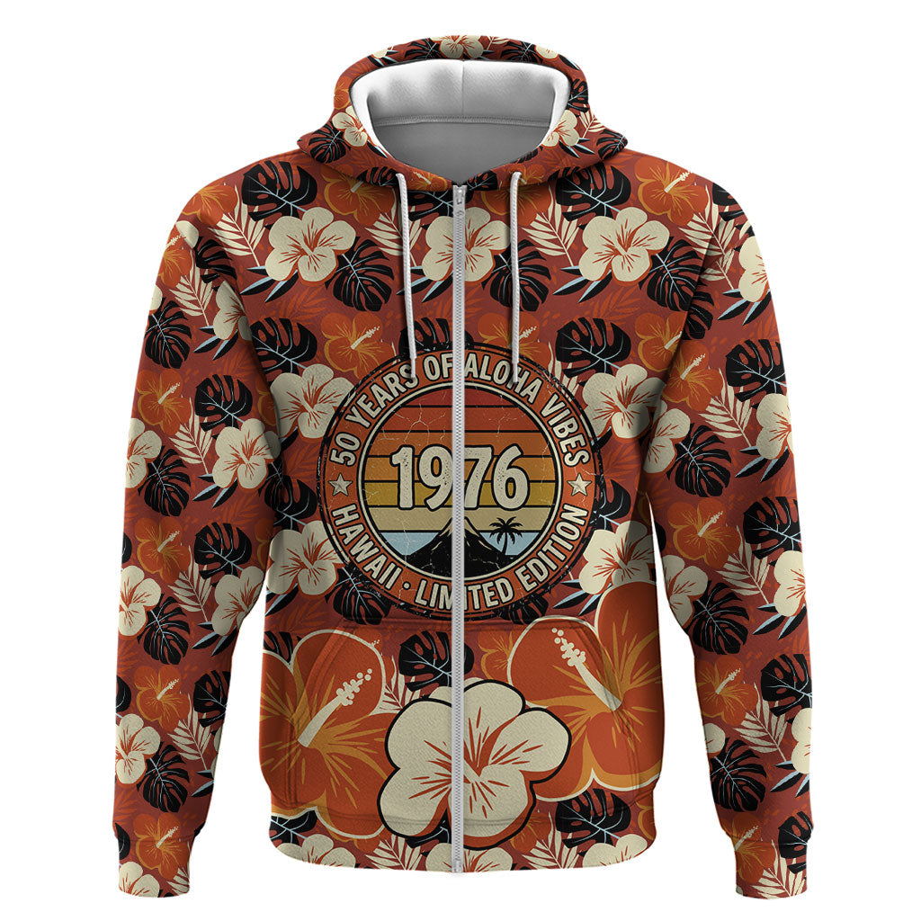 Hawaii 50th Birthday Zip Hoodie Vintage 1976 Limited Edition Floral Surfboard Aloha Vibes TS04 Zip Hoodie Orange Brown - Polynesian Pride